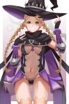  1girl absurdres alternate_costume ass_visible_through_thighs bangs black_gloves black_panties black_underwear blonde_hair blue_eyes bodystocking braid breasts capelet center_opening commission commissioner_upload cosplay covered_navel daweykun fingerless_gloves fire_emblem fire_emblem_fates gears gloves hat highleg highleg_leotard highres hilda_(stella_glow) hilda_(stella_glow)_(cosplay) leotard long_hair looking_at_viewer medium_breasts nina_(fire_emblem) non-web_source panties parted_bangs revealing_clothes simple_background smile solo stella_glow thighhighs twin_braids underwear upper_body witch_hat 