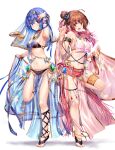  2girls :d absurdres anklet armlet blue_eyes blue_hair bracelet bridal_legwear brown_eyes brown_hair cevio chain commentary_request dancer full_body gem gold_chain highres jewelry looking_at_viewer lukky_clover multiple_girls navel necklace pelvic_curtain revealing_clothes satou_sasara see-through shawl smile suzuki_tsudumi thighlet tiptoes veil 