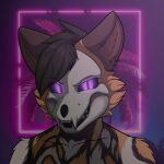  absurd_res african_wild_dog anthro bone canid canine canis coloredprinter digital_media_(artwork) fur hi_res looking_at_viewer male mammal multicolored_body multicolored_fur neon_lights open_mouth skull skull_head skulldog_(species) smile solo solo_focus 