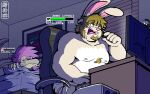  angry anthro bedroom briefs brown_gair chair chest_tuft clothing computer dormitory duo facial_hair fur furniture gaming goatee green_body green_scales hair headphones hp_meter inside lagomorph leporid male mammal open_mouth overweight overweight_male pink_hair rabbit scales sideburns signature tan_body tan_fur text tighty_whities tuft underwear video_games wanikami white_body white_briefs white_clothing white_fur white_underwear 