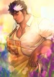 1boy apron bara bisen_(mirion_ray) black_hair blurry blurry_background closed_eyes collared_shirt facial_hair flower large_pectorals lilac_(live_a_hero) live_a_hero male_focus multicolored_hair muscular muscular_male parted_lips pectorals purple_flower purple_hair shirt solo white_hair white_shirt yellow_apron 