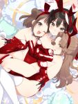  3girls :d animal_ears breast_press breasts brown_eyes brown_hair cushion double_bun elbow_gloves embarrassed fake_animal_ears from_above gloves hair_bun highleg highleg_leotard hug jintsuu_(kancolle) kantai_collection koruri leotard long_hair looking_at_viewer medium_breasts multiple_girls naka_(kancolle) open_mouth parted_lips playboy_bunny rabbit_ears red_gloves red_leotard sendai_(kancolle) short_hair small_breasts smile strapless strapless_leotard thighhighs white_legwear 