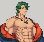 1boy abs artist_name bara collarbone green_hair jewelry joe_(sk8) kei45art large_pectorals looking_at_viewer male_focus medium_hair muscular muscular_male navel necklace nipples pectorals red_eyes shoulder_tattoo simple_background sk8_the_infinity smile solo tattoo 
