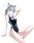  1girl animal_ears arm_up bangs bare_hips blue_archive blue_eyes breasts competition_swimsuit earrings halo highres jewelry looking_at_viewer medium_breasts navel one-piece_swimsuit ponytail rable shiroko_(blue_archive) skin_tight skindentation smile solo swimsuit thighs white_background white_hair 