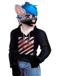  anthro blue_eyes blue_hair bottomwear bulge canid canine clothing denim denim_clothing fangs fox fur grey_body grey_fur hair hi_res hoodie jeans jye male mammal neck_tuft pants pink_nose rose_(disambiguation) solo tongue tongue_out topwear tuft volodyanocturne 