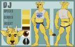  absurd_res american_football anthro barefoot brown_eyes bulge cervid cervine clothing crop_top detailed_bulge dj_strap fangs fcsimba feet fur hi_res hooves horn jockstrap male mammal model_sheet muntjac shirt solo sport text text_on_clothing text_on_topwear topwear underwear yellow_body yellow_fur 