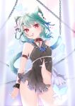  1girl absurdres ahoge animal_ear_fluff animal_ears aqua_hair bangs blue_hair blush breasts cat_ears cat_tail chain choker eto_(eto96-1114) extra_ears gradient_hair hair_ornament highres hololive kemonomimi_mode looking_at_viewer multicolored_hair open_mouth red_eyes restrained ribbon short_twintails skull skull_hair_ornament small_breasts solo tail twintails uruha_rushia virtual_youtuber 
