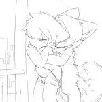  anthro bodily_fluids bottomwear bottomwear_down building changed_(video_game) chest_tuft clothed clothing dazed_(video_game) duo embrace fluffy fluffy_tail furry hug hugging_from_behind human lin_(changed) male mammal not_furry on_wall pants pants_down partially_clothed sweat tuft 