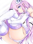  1girl ass bare_shoulders blue_eyes blush boots breasts elbow_gloves gloves hair_between_eyes headgear hugging_own_legs iwashi_dorobou_-r- knee_to_chest legs_folded leotard long_hair looking_at_viewer neptune_(series) pink_hair power_symbol purple_sister skin_tight skindentation smile solo symbol-shaped_pupils thigh_boots thighhighs very_long_hair white_gloves white_legwear white_leotard 