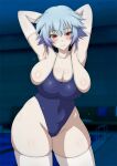 1girl absurdres arm_up armpits arms_behind_head arms_up bangs blue_hair blue_swimsuit blush breasts cleavage covered_navel curvy highres huge_breasts indoors infinite_stratos looking_at_viewer new_school_swimsuit one-piece_swimsuit plump pool presenting_armpit red_eyes sarashiki_tatenashi school_swimsuit shiny shiny_hair shiny_skin short_hair skindentation smile solo space_gorilla standing sweat swimsuit thighhighs white_legwear 