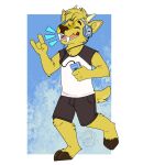  anthro bottomwear cervid cervine chevellenat clothing dancing dj_strap fangs fur gesture headphones hi_res hooves horn male mammal muntjac shirt shorts singing sleeveless_shirt solo sony_walkman tape_player topwear yellow_body yellow_fur 