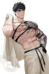  00047 1boy abs alchemy_stars bara belt black_gloves black_hair commentary gloves highres large_pectorals male_focus mature_male muscular muscular_male pants pectorals pittman_(alchemy_stars) scar scar_on_cheek scar_on_face short_hair solo white_pants 