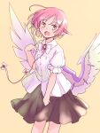  1girl animal_ears bird_ears bird_wings blush brown_skirt buttons collared_shirt cowboy_shot fingernails mystia_lorelei no_hat no_headwear open_mouth pink_hair puffy_short_sleeves puffy_sleeves rangycrow sharp_fingernails shirt short_hair short_sleeves skirt smile solo touhou white_shirt white_wings wings yellow_eyes 