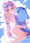  1girl ahoge blue_archive blue_eyes blush completely_nude eyewear_on_head fujiwarahatsune hair_between_eyes hair_bobbles hair_ornament halo heterochromia highres hoshino_(blue_archive) inflatable_toy kneeling long_hair looking_at_viewer nude ocean orange_eyes pink_hair pink_halo solo sunglasses very_long_hair wet wet_hair 