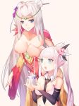  2girls bare_shoulders blue_eyes breast_milk breasts dragon_girl dungeon_and_fighter flower hair_flower hair_ornament highres lactating_into_cup lactation large_breasts linjinghai long_hair multiple_girls open_mouth white_hair wide_sleeves 