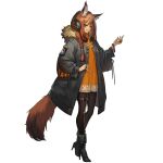  1girl animal_ears arknights black_footwear black_jacket black_legwear boots brown_eyes brown_hair dress fur-trimmed_jacket fur_trim hand_up headphones high_heel_boots high_heels implied_extra_ears jacket jewelry long_sleeves looking_at_viewer multiple_rings necklace non-web_source official_art open_clothes open_jacket orange_dress pantyhose pearl_necklace ratatoskr_browntail_(arknights) ring simple_background smile solo sprite squirrel_ears squirrel_girl squirrel_tail tail thigh_strap transparent_background 