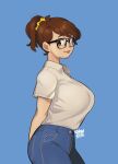  1girl artist_name blue_background breasts brown_eyes brown_hair collared_shirt dated denim english_commentary from_side glasses hair_behind_ear highres jeans large_breasts looking_at_viewer original pants ponytail shirt shirt_tucked_in short_hair snowcie snowciel solo 