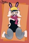  2022 ahegao anthro artist_elgrandosm0ki0 bovid bunny_costume caprine character_elagrena clothing colored costume digital_media_(artwork) eyewear fake_ears fake_rabbit_ears glasses goat hi_res horn intersex looking_pleasured maleherm mammal pink_horn scarf simple_background sitting_on_ground solo tongue tongue_out 