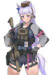  1girl animal_ears bangs black_gloves black_shorts blunt_bangs breasts brown_headwear commentary ear_ribbon english_text gloves gold_ship_(umamusume) grey_gloves gun highres holding holding_gun holding_weapon holster holstered_weapon horse_ears horse_girl horse_tail id_card large_breasts laser_sight legs_apart licking_lips long_hair looking_at_viewer mordeth pillbox_hat purple_eyes shiny shiny_hair short_shorts shorts simple_background skindentation solo suppressor tactical_clothes tail thigh_strap thighs tongue tongue_out umamusume weapon 