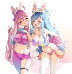  2girls animal_ears bandages bare_shoulders blue_hair blush breasts choker cleavage closed_eyes clothing_cutout colorful crop_top ear_piercing fingerless_gloves gloves halo hand_on_own_chest large_breasts leaning_forward ms_cloud multiple_girls navel navel_cutout original piercing pink_hair playing_with_own_hair short_shorts shorts sleeveless smile tail thigh_strap thighhighs thighs white_legwear 