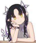  1girl aran_sweater bangs black_hair blush breasts closed_mouth commentary_request demon_girl demon_horns demon_tail dress grey_sweater head_rest head_tilt horns jewelry kojo_anna long_hair looking_at_viewer medium_breasts meme_attire multicolored_hair official_alternate_costume pointy_ears purple_hair ribbed_sweater ring sideboob simple_background smile smith.s solo sugar_lyric sweater sweater_dress tail transparent_background turtleneck turtleneck_sweater two-tone_hair upper_body virgin_killer_sweater virtual_youtuber watch wristwatch yellow_eyes 
