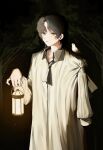  1boy absurdres amputee animal_on_shoulder bird bird_on_shoulder black_hair brown_eyes brown_hair highres holding holding_lantern lantern looking_at_viewer night nightgown original outdoors solo standing white_xxxx yellow_eyes 