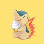  ^_^ closed_eyes commentary_request cyndaquil fire food harisen1012 highres holding ice_cream ice_cream_cone no_humans pokemon pokemon_(creature) simple_background sitting solo tongue tongue_out yellow_background 
