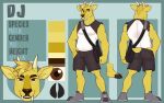  absurd_res anthro bottomwear brown_eyes cervid cervine clothing dj_strap fangs fcsimba footwear fur hi_res hooves horn male mammal model_sheet muntjac shirt shoes shorts shoulder_bag sleeveless_shirt solo topwear yellow_body yellow_fur 