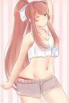  1girl absurdres blush bow breasts brown_hair cleavage crop_top doki_doki_literature_club green_eyes hair_bow hair_intakes hair_ribbon highres long_hair looking_at_viewer midriff monika_(doki_doki_literature_club) navel one_eye_closed panties ponytail raion_(raionart) red_panties ribbon shorts solo underwear white_ribbon 