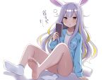  1girl animal_ears barefoot blue_jacket brown_hair cellphone feet glastonbury1966 grey_hair highres jacket legs long_hair mochizuki_himari no_pants no_shoes open_mouth panties phone rabbit_ears rabbit_girl shirt single_sock sitting smartphone socks soles solo thighs toes underwear uni_create virtual_youtuber white_footwear white_panties white_shirt 