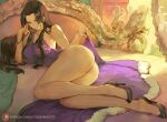  1girl ass bare_shoulders bed black_hair boa_hancock breasts china_dress chinese_clothes cleavage clothes_lift cutesexyrobutts dress dress_lift earrings head_rest high_heels highres hoop_earrings jewelry large_breasts looking_at_viewer on_bed one_piece purple_dress snake thick_thighs thighs upskirt 