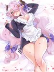  1girl apron arm_up bangs blue_eyes breasts cleavage dress granblue_fantasy hair_ornament hair_over_one_eye hair_ribbon hairpin highres horns large_breasts legs_together long_sleeves looking_at_viewer lying maid maid_apron ms_cloud narmaya_(granblue_fantasy) narmaya_(valentine)_(granblue_fantasy) official_alternate_costume on_back one_eye_covered panties panty_peek pink_hair pointy_ears ribbon short_dress solo thick_thighs thighs underwear white_panties 