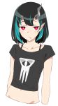  1girl :/ akitetsu bangs black_hair black_shirt blue_hair closed_mouth collarbone crop_top demon_girl demon_horns expressionless eye_of_providence fang fang_out flat_chest horns looking_at_viewer midriff multicolored_hair navel pointy_ears red_eyes shirt shishio_chris short_hair short_sleeves simple_background solo sugar_lyric two-tone_hair upper_body virtual_youtuber 