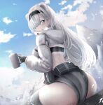  1girl absurdres animal_ears arknights ass aurora_(arknights) bear_ears belt belt_pouch black_gloves black_hairband black_legwear blue_eyes blue_sky blush breasts breath coffee_mug crop_top cup day dutch_angle from_behind gloves grey_hair grey_shorts hair_over_one_eye hairband highres holding holding_cup hood hood_down long_hair long_sleeves looking_at_viewer looking_back medium_breasts mountain mug open_mouth outdoors poni_(poni_arknights) pouch short_shorts shorts sky solo steam thighhighs very_long_hair 
