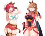  2girls atelier_(series) atelier_ryza bangs black_gloves breasts brown_eyes brown_hair chest_jewel cosplay costume_switch earrings fingerless_gloves gloves highres jarckius jewelry large_breasts multiple_girls pyra_(xenoblade) pyra_(xenoblade)_(cosplay) red_eyes red_hair red_shorts reisalin_stout reisalin_stout_(cosplay) short_hair short_shorts shorts swept_bangs thick_thighs thighs tiara xenoblade_chronicles_(series) xenoblade_chronicles_2 