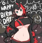  1girl bangs black_hair black_horns black_jacket black_sports_bra blue_eyes blush breasts closed_mouth commentary_request dated demon_girl demon_horns demon_tail ear_piercing grey_background groin happy_birthday horns jacket large_breasts long_sleeves looking_at_viewer midriff miso_love_ini multicolored_hair navel open_clothes open_jacket piercing pointy_ears red_hair ryugasaki_rene short_hair smile solo sports_bra sugar_lyric tail two-tone_hair underboob upper_body virtual_youtuber 