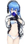  1girl bangs blue_bra blue_eyes blue_hair blue_nails blush bra bracelet breasts cellphone choker clothes_lift dress dress_lift gloves grey_dress hair_between_eyes hair_ribbon highres hololive hoshimachi_suisei jewelry kenken_(keuken) lifted_by_self looking_at_viewer nail_polish navel one_side_up panties petticoat phone plaid plaid_dress ribbon selfie sleeves_rolled_up small_breasts smartphone solo standing star_(symbol) star_in_eye stomach symbol_in_eye thigh_gap underwear virtual_youtuber white_panties 