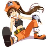  1girl belt black_gloves breasts brown_eyes brown_hair crop_top fingerless_gloves full_body funnyari gloves guilty_gear hat long_hair looking_at_viewer may_(guilty_gear) midriff orange_footwear orange_headwear orange_pants pants pirate_hat simple_background skull_and_crossbones smile solo white_background 