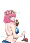  1girl ? absurdres back bare_back bare_shoulders bikini blonde_hair blue_bikini blue_eyes blue_swimsuit blush breasts coconut drink drinking drinking_straw fire_emblem fire_emblem_heroes flower fruit_cup gunnthra_(fire_emblem) hair_flower hair_ornament head_wreath highres large_breasts looking_at_viewer looking_back multicolored_hair official_alternate_costume pink_hair ritence shoulder_blades simple_background solo swimsuit twitter_username white_background 
