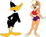  anatid anseriform anthro avian barefoot bird black_body black_feathers blonde_hair blue_eyes breasts daffy_duck darkbolt duck duo feathers feet female fur hair hi_res lagomorph leporid lola_bunny looney_tunes male mammal nude orange_body orange_fur rabbit warner_brothers 