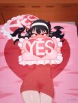  1girl bangs bed black_hair blush covering_face dress heart highres long_hair looking_at_viewer lying on_back on_bed red_dress red_eyes solo spy_x_family tenk yes yes-no_pillow yor_briar 