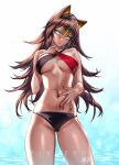  1girl animal_ears artist_name black_nails black_swimsuit blue_eyes blush breasts brown_hair closed_mouth dark-skinned_female dark_skin dehya_(genshin_impact) eyebrows_behind_hair genshin_impact hand_on_own_chest hand_on_own_stomach highres long_hair looking_at_viewer medium_breasts nail_polish navel ringeko-chan signature sparkle standing swimsuit water water_drop 