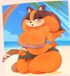  2022 4_fingers anthro badger beach blush boomerang breasts cleavage clothed clothing cracker_(artist) digital_media_(artwork) female fingers hair hi_res holding_object looking_at_viewer mammal multicolored_hair mustelid musteline nipple_outline one_eye_closed open_mouth outside palm_tree plant seaside sega solo sonic_boom sonic_the_hedgehog_(series) sticks_the_jungle_badger thick_thighs tree two_tone_hair 