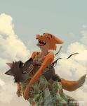  anthro canid canine canis clothed clothing cloud cloudscape diane_foxington digital_media_(artwork) dreamworks duo embrace eyebrow_piercing eyes_closed facial_piercing female fox fur happy hi_res male mammal mr._wolf_(the_bad_guys) nosugarnohoney orange_body orange_fur piercing sky smile the_bad_guys wolf 