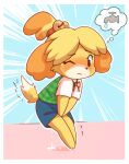  1girl ancesra animal_crossing animal_ears animal_feet animal_nose bangs barefoot bell between_legs blonde_hair blue_background blush body_fur border brown_eyes closed_mouth commission commissioner_upload dog_ears dog_girl dog_tail embarrassed emphasis_lines faucet flat_chest full_body furry furry_female green_vest hair_bell hair_ornament hair_tie hand_between_legs have_to_pee isabelle_(animal_crossing) jingle_bell legs_together looking_down neck_ribbon non-web_source nose_blush one_eye_closed outline own_hands_together parted_bangs peeing peeing_self plaid plaid_vest red_ribbon ribbon shirt short_hair short_sleeves simple_background solo split_mouth standing tail tears thought_bubble topknot two-tone_fur urine_meter v_arms vest wavy_mouth white_border white_fur white_outline white_shirt wince yellow_fur 