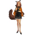  1girl animal_ears arknights black_dress black_footwear black_gloves brown_eyes brown_hair capelet dress full_body fur-trimmed_dress fur_trim gloves hand_up high_heels long_hair non-web_source official_art orange_capelet sciurus_browntail_(arknights) simple_background solo sprite squirrel_ears squirrel_girl squirrel_tail standing tachi-e tail transparent_background 