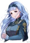  1girl absurdres artist_name bangs black_eyes blue_capelet blue_dress blue_hair blue_hairband blunt_bangs breasts capelet center_frills closed_mouth commentary_request cropped_torso dress fire_emblem fire_emblem:_three_houses fire_emblem_warriors:_three_hopes floating_hair frills hairband highres lace_hairband light_smile long_hair long_sleeves looking_at_viewer marianne_von_edmund medium_breasts official_alternate_costume official_alternate_hairstyle own_hands_together simple_background smile solo ta1sh1 very_long_hair wavy_hair white_background 