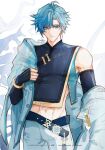  1boy bare_shoulders blue_eyes blue_hair chinese_clothes chongyun_(genshin_impact) commentary earrings genshin_impact hair_between_eyes highres jacket jewelry looking_at_viewer male_focus midriff midriff_peek navel older shivaille short_hair simple_background single_earring solo tassel tassel_earrings 