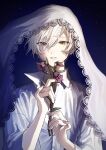  1boy absurdres brown_eyes flower hair_between_eyes highres holding holding_flower long_neck looking_at_viewer male_focus night night_sky original shirt sky solo upper_body white_hair white_shirt white_xxxx 