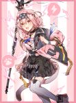  1girl :d absurdres animal_ears arknights black_collar black_dress black_hairband black_wristband blue_bow blue_jacket blush border bow braid cat_ears cat_girl cat_tail collar dress electricity floppy_ears foot_out_of_frame garter_straps goldenglow_(arknights) hair_between_eyes hair_bow hairband highres holding holding_staff id_card infection_monitor_(arknights) jacket kuilaogouhuabudongle lightning_bolt_print long_hair multicolored_clothes multicolored_jacket open_clothes open_jacket open_mouth outside_border pink_background pink_border pink_footwear pink_hair pink_jacket pink_shirt scissors shirt shoes simple_background sleeves_past_elbows smile solo staff striped striped_background tail thighhighs two-tone_jacket white_background white_legwear yellow_eyes zettai_ryouiki 